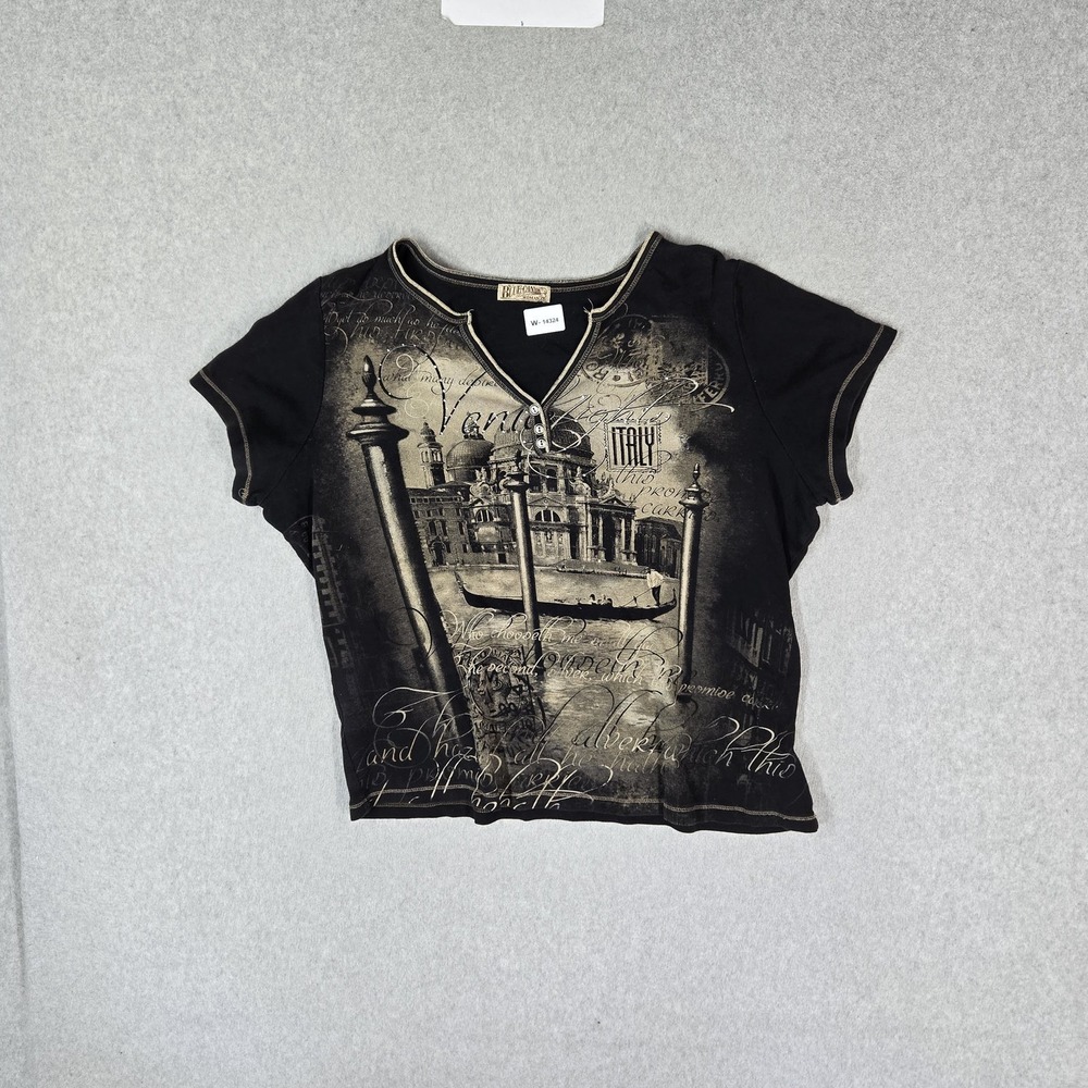 Blue Canyon Women Shirt 2X Black Graphic Button V-Neck Grunge Witchy Y2K Studded